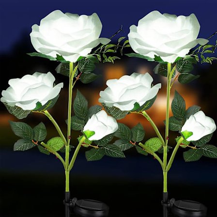 2 stk. solcelledrevne havepæle, udendørs dekorative solblomster 3 roser, opgraderede vandtætte havedekorationer (hvide)