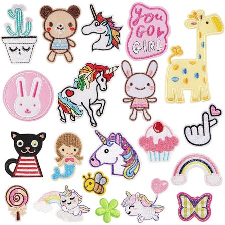 20 stk. broderte strykemerker for jenter, barn, enhjørning, havfrue, kanin, søte dyr, dekorative applikasjonsmerker for klær, jeans, t-skjorter, jakke
