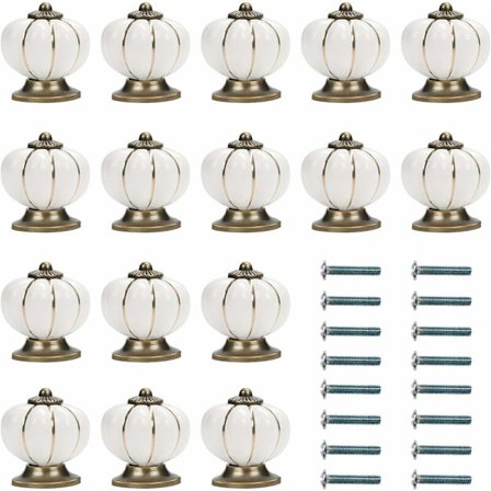 Hvide og gyldne keramiske møbelknopper med græskarformede skruer (pakke med 16) - 3,6 x 3,9 cm - Vintage runde møbelknopper - til hjem, kontor, køkken