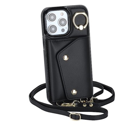 Etui til iPhone 16 Plus, svart crossbody multi-kort ring mote lommebok multi-funksjon kortholder