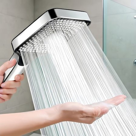 Firkantet brusehoved i knapstil (kun hoved) - højtryksregnbruser med stor dyse, der ikke tilstopper, kromfinish, Sui [DB]