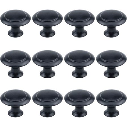 12-pack 1-tums diameter, platt svart skåpbeslag runt vred med monteringsskruvar