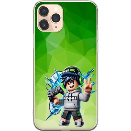 Kompatibelt Mobildeksel til Apple iPhone 11 Pro Roblox-inspirert gamerfigur med headset, håndkontroll og energiske effekter mot grønn bakgrunn
