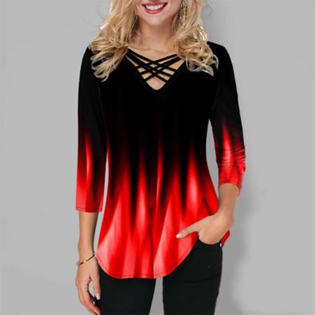 Damblus Med 3/4-ärm Gradient Med Lös V-ringad Tunika T-shirt Röd Xl