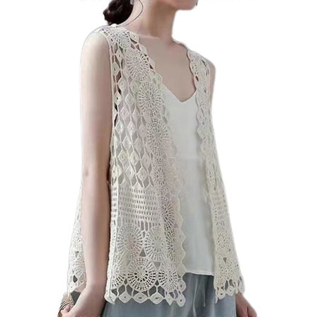 Dame Hippie Boho Hæklet Ærmeløs Vest Geometrisk Blonde Cardigan Strand Cover Up