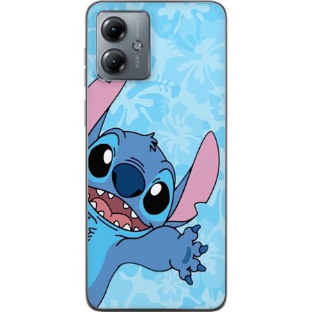 Kompatibelt Mobildeksel til Motorola Moto G14 Leken illustrasjon av Stitch som strekker seg mot kameraet på lyseblå blomstret bakgrunn