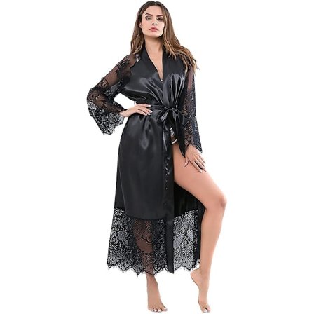 L, Kimono Badekåber Lang Silke Satin Sort Kimono Badekåbe