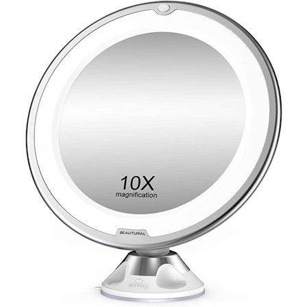 10x forstørrende makeup spejl med LED lys 1 kugleled 360° justerbar fastgørelse bærbar kosmetisk spejl, til badeværelse, rejse