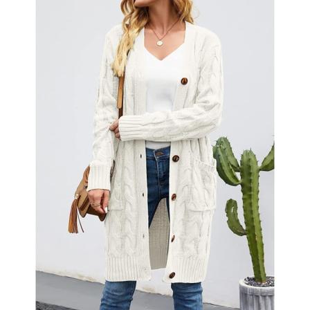 Långärmad kabelstickad lång cardigan för dam med öppen frontknapp