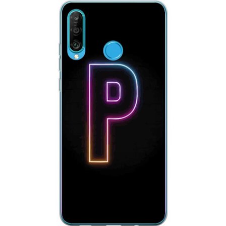 Kompatibel Mobilcover til Huawei Huawei P30 lite Minimalistisk neonbogstav P i farvegradient og lyseffekt mod sort baggrund i digital neonstil