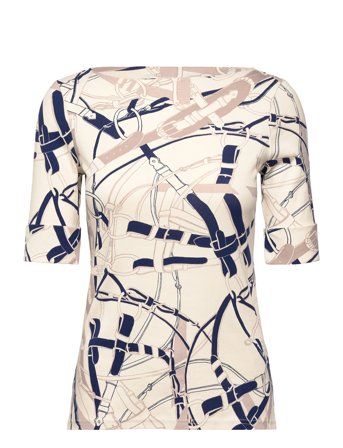 Lauren Ralph Lauren Belting-Print Cotton Boatneck Tee - Cream - L