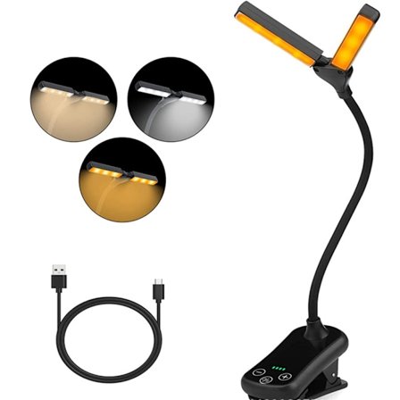 Stark Läslampa, Gult Ljus Dubbelhuvudlampa med 16 LED & Flexibel Arm, USB-C Uppladdningsbart Batteri, Hälsosam för Ögonen & 3 Ljuslägen för