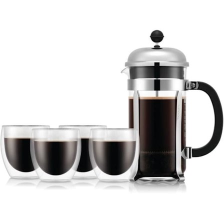 French press-kaffebryggare - BODUM - CHAMBORD SET - 8 koppar 1,0 l + 4 dubbelväggiga PAVINA-glas 25 cl