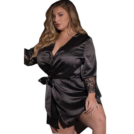 Naisten Pitsi Sexy Pukeutumistakki Alusvaatteet Kimono Takki Yöpaita Nightie Pluskoko black 3xl