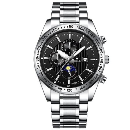 Vanntett armbåndsur - sølvfarget armbånd med svart-bakgrunn og sølvfarget ramme