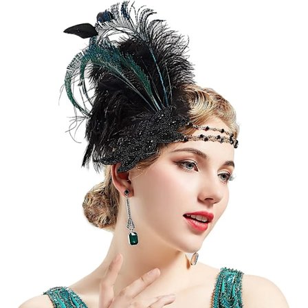 Pandebånd med fjer i 1920'er-stil til kvinder, 20'er-pandebånd, tilbehør til karnevalsdragter (sort)