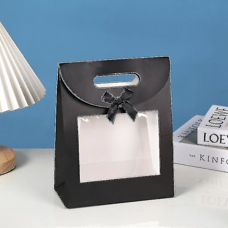 Sterk Papir Stående Gavepose, 26 Cm X 19 Cm X 9 Cm, Brun Kraftpose Med Klar Vindu Og Sløyfe - Pakke Med 12 (Svart)