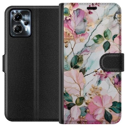 Kompatibel Tegnebogsetui til Motorola Moto G13 Abstrakt marmormønster med blomster, blade og gyldne detaljer i bløde pastelfarver