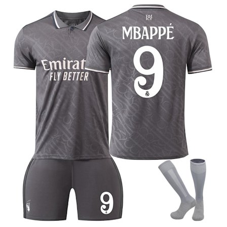 24-25 Real Madrid Andra Divisionen Tröja Barn Fotbollströja Kit Sportkläder #9 Mbappé Fotbollsdräkter Fotbollslag Tröja Med Strumpor