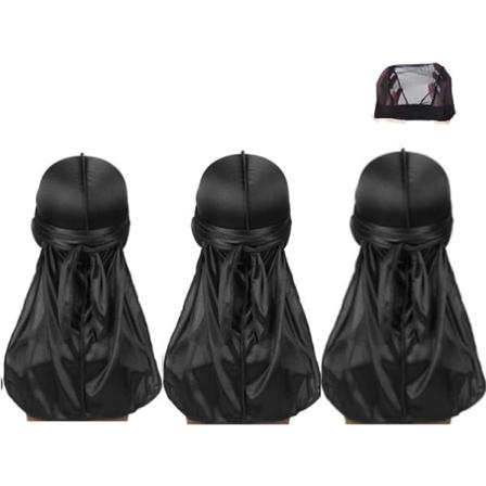(svart) 3 par silkeslen vågig mössa för män och kvinnor, satintyg, lång hårscarf