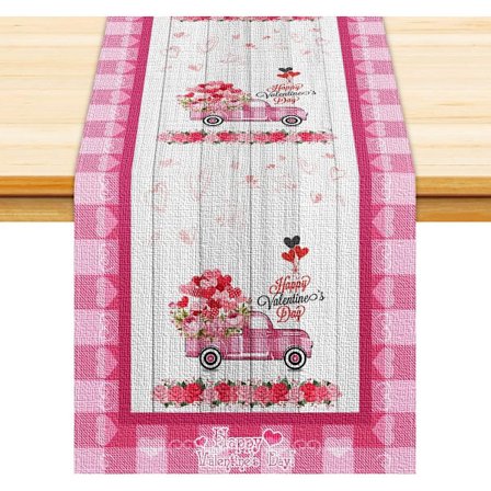 Alla hjärtans dag bordslöpare, rosa lastbil bordslöpare för kök, familjemiddagsbord, fritidshus, alla hjärtans dag dekoration, buffalo pläd hjärta 