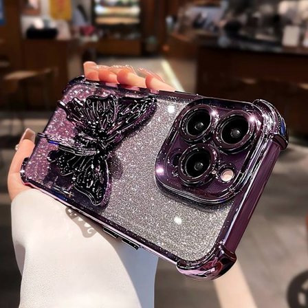 iPhone 14 Pro telefondeksel med sommerfuglstativ, stativet kan åpnes