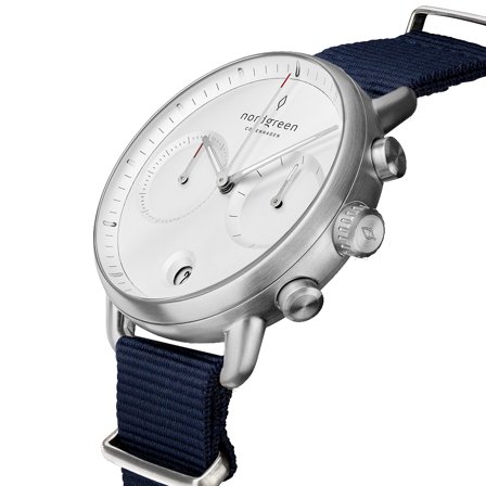 Nordgreen Men's Scandinavian Wrist Watch - Silver Case - White Dial - Navy Nylon Watch Strap Pioneer White Dial Chronograph