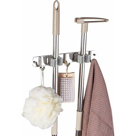 Værktøjsholder i rustfrit stål til vægmontering, kostestativ med selvklæbende til haveredskaber, inklusive skruer og klæbestrimler, 2 holdere og 3 