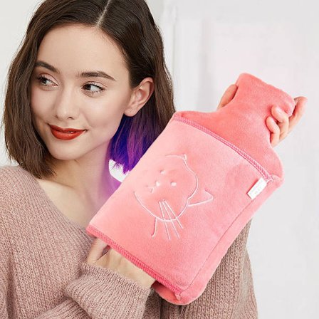 Varmtvannsflaske i gummi med mykt trekk, varmtvannspose for kramper, smertelindring