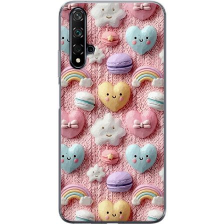 Kompatibelt Mobildeksel til Huawei nova 5T Pastellmotiv med hjerter, skyer, regnbuer og makroner mot rosa bakgrunn i en søt drømmende stil.