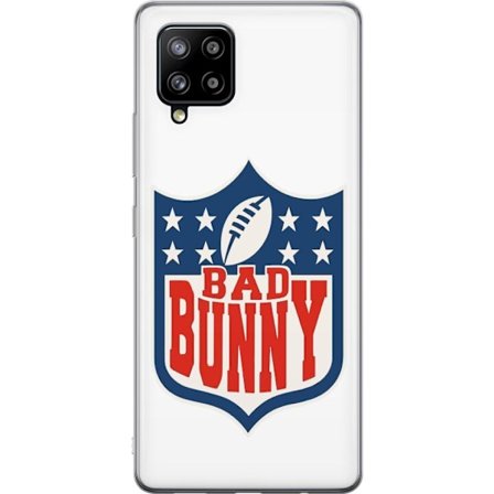 Kompatibelt Mobildeksel til Samsung Galaxy A42 5G Bad Bunny rød grafisk plakat med portrett og typografi i latinamerikansk popdesign