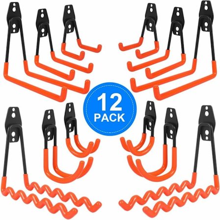 12 stk. garasjeoppbevaringskroker med antiskli-belegg - Bølge, J, firkantkroker for elektroverktøy, sykler, stiger