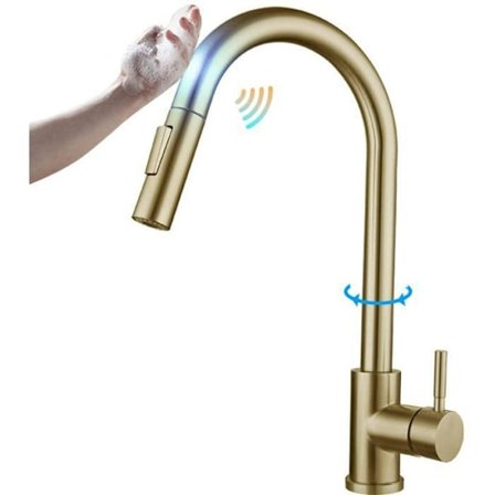 Kjøkkenkran, kjøkkenvaskkran, børstet gull kjøkkenkran med nedtrekkbar sprøyte