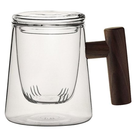 Glass tekopp med tesil og lokk, tekopp med trehåndtak, stil 3