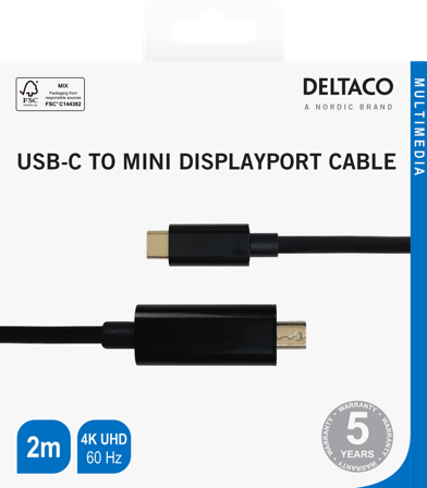 Deltaco USBC miniDisplayPort cable 4K UHD gold plated 2m black