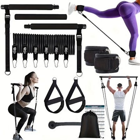 14 stk. Pilates Bar Sett med 6 Motstandsbånd (81,65 KG), Multifunksjonell Fitness Puller, Yoga Treningsutstyr, Hjemme Pilates Strekk Trener for