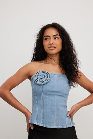 NA-KD Haut en denim avec rose - Haut tube - Bleu - EU 42