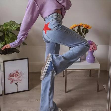 Retro Femuddig Stjärna Raka Kvinnor Jeans Slim Fit Benlängd