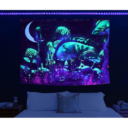 Gobeläng Svamp Svart Glow Måne och Stjärnor Väggmonterad UV-responsiv Rum Dekor (150cm X 130cm)