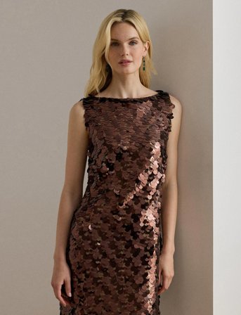 Lauren Ralph Lauren Sequined Shift Cocktail Dress - Brown - 40