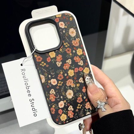Etui til iPhone 16 Grener Lite Blomstermønster Lychee Mønster Smart Svart Klar Blomster Lær Medium
