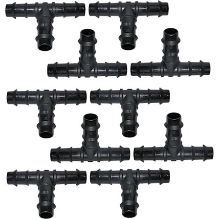 Sett med 10 Ø16mm ''T''-koblinger/fordelere kompatible med hageslange - ''T''-sporkryss kompatibelt med dryppvanningssystem