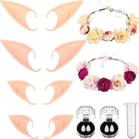8-delad Elf Cosplay-dräkt inklusive 4 par av Fairy Latex Elf Soft Ears med 2 kransar