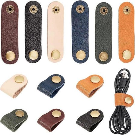 12 stk. læderkableremme i 6 farver, ledningsholder med trykknap, bærbar organizer til høretelefonkabler, rejse hjemmeskole arbejde
