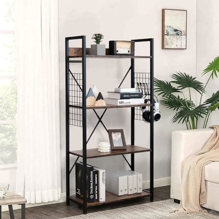 COSTWAY 4-lags industriel reol, 64 x 24 x 110 CM, opbevaringshylde med justerbare kroge/fodpuder