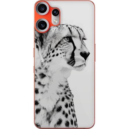 Nothing CMF Phone 2 Pro Gjennomsiktig deksel Stilsiktig svart-hvit nærbilde av en gepard med rolig blikk og elegante markeringer som fremhever dens k