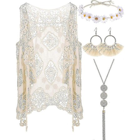 Hippie Bohemisk Öppen Stickad Kofta Virkad Väst Kostym För Kvinnor