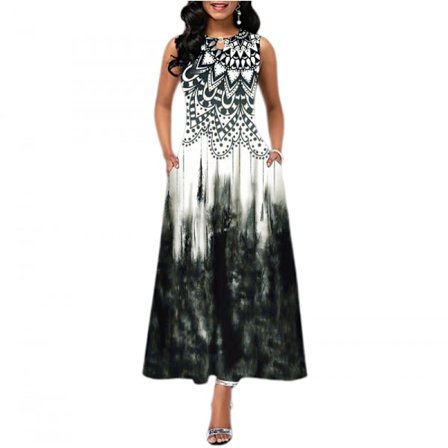 Lös Vintage Boho Lång Strandklänning med Ficka (Grön M)