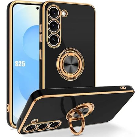 Cover til Samsung Galaxy S25, Stødsikkert Silikone med Rotationsring - Sort Sort