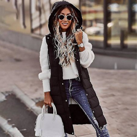 Dame Polstret Ærmeløs Vest Jakke i Ensfarvet Design med Hætte, Enkeltknappet og Mellemlang med Lommer Sort